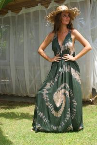 Robe de plage sans manches avec décolleté en V, tenue Super élégante, couleur kaki et Beige, teinture par nouage, longueur au sol, belle tenue de plage, sans manches, Sexy, - Product Image 4