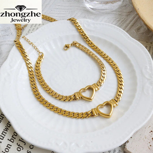 Set di Gioielli alla Moda con Collana e Bracciale a Catena Cubana a Cuore, Placcato Oro 18k, in Acciaio Inossidabile, Impermeabile e Anti-Appannamento - Product Image 1