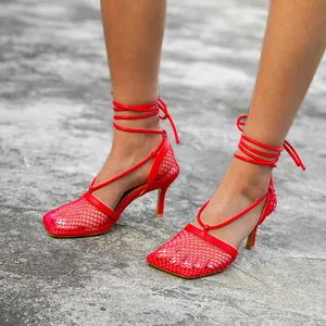 NEW Spring Mesh Heeled Sandals Fashion Women's Pumps 2022 Sexy Thin Heels Square Toe Narrow Band Mesh Retro Ladies Shoes