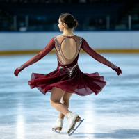 Robe de patinage artistique bordeaux à col rond, manches longues, dos ouvert à grand cercle, ornée de strass, pour compétition, pour filles et femmes