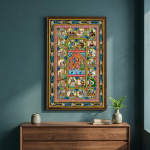 Peinture artisanale Krishna Leela Pattachitra en gros, art populaire indien traditionnel, décoration murale rectangulaire en papier, mythologique - Product Image 3