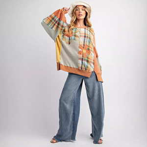 <span class=keywords><strong>Felpa</strong></span> da Donna Casual con Collo Tondo, Motivo Vintage a Quadri e Applicazioni Floreali, Vendita Calda - Product Image 3