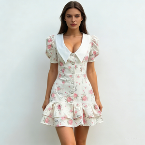 Robes pour femmes, imprimé floral blanc, col oversize, manches bouffantes, ourlet à volants, mini robes de soirée - Product Image 1