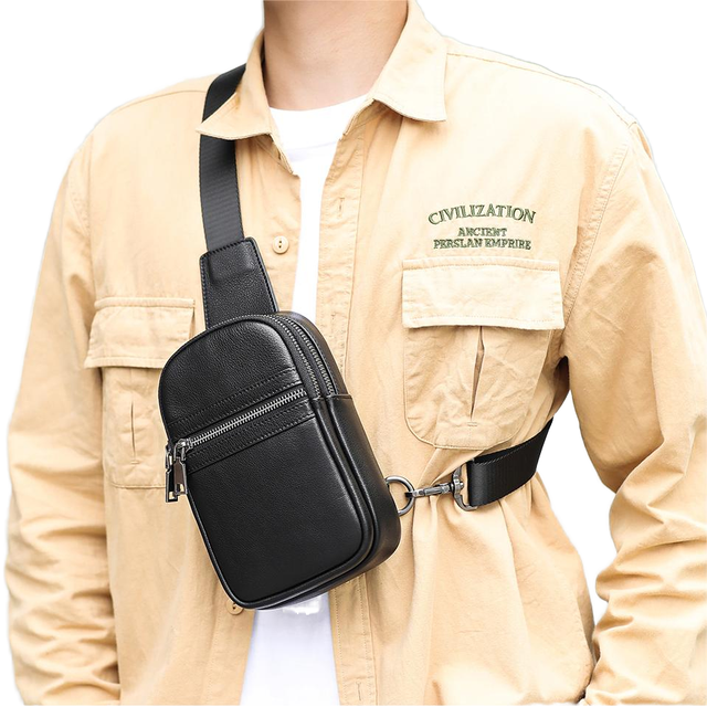 WAKIYA DT-9195 Genuine Leather Waterproof Fashion Double Zipper Men's Shoulder Crossbody Travel Sling Chest Bag