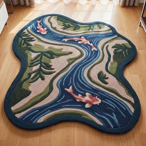 Hand Tufted Koi Fish Wool Carpet in Blue Beige Irregular River Style Area Rug for Living Room Bedroom Nursery <b>Kids</b> Room Lounge - Product Image 6