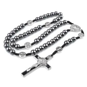 São Bento Cording Rosário 8 mm Hematita Beads Religiosos Cruz Colar Preto Católico Tecido Rosários Para Homens