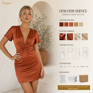 Vestidos Yegao para <span class=keywords><strong>Mujer</strong></span>, Elegantes, Color <span class=keywords><strong>Caramelo</strong></span>, Satinados, Mini Vestido Ajustado con Detalle de Torcedura, Vestidos Sexys al por Mayor, Pedido Personalizado de Fábrica - Product Image 1