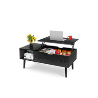 Table basse industrielle noire à plateau relevable avec rangement, étagère ouverte, compartiment dissimulé et pieds coniques