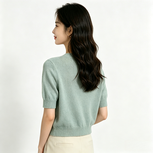เสื้อสเวตเตอร์ถักแขนสั้นผู้หญิง สีพื้น ถักด้วยคอมพิวเตอร์ คอกลม น้ำหนักเบา ใส่ได้ทุกวัน - Product Image 6