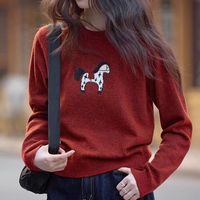 Pull en cachemire pur brodé personnalisé rouge anti-boulochage pour femme, idéal pour l'hiver et les loisirs, collection Année du Cheval
