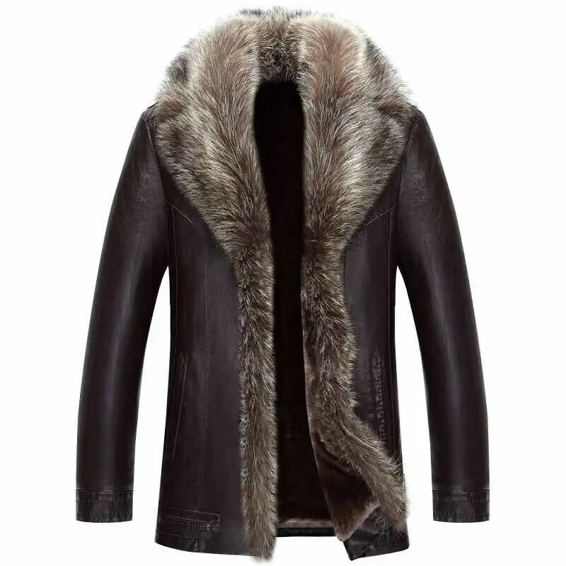 Winter Men's Fox Fur Collar Wool Lining Sheepskin Leather Overcoat Jacket Warm