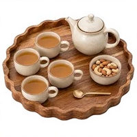 Nampan Sajian Kayu Akasia Hind Craft Living dengan Tepi Bunga Bergelombang, Kerajinan Tangan Rustic, Nampan Dekoratif untuk Teh Kopi, Multi-Fungsi