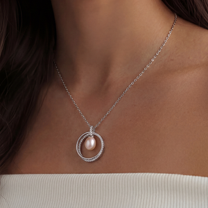 Dainty CZ Hoop Circle Pink Rice Freshwater Pearl Dangle Necklace <b>Silver</b> Plated Copper Jewelry Floating Pearl <b>Choker</b> Women - Product Image 5
