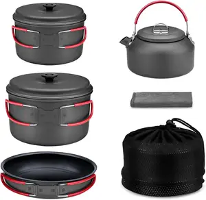 Compact Camping Pots And Pans Set With Kettle Non-Stick Camping Pan Camping Essentials For Outdoor Cooking