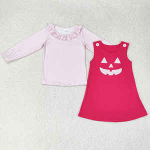 Conjunto de 2 piezas de camisa de manga larga con aplique de cara de calabaza de Halloween y pelele para bebés (niñas y niños), en algodón rosa y azul, al por mayor - Product Image 2
