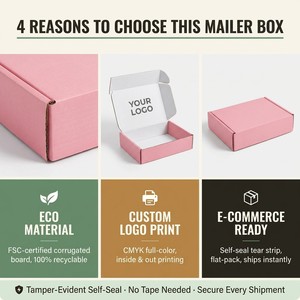 Boîte d'expédition en carton ondulé rose personnalisée avec impression couleur du logo, intérieur et extérieur, fermeture auto-adhésive, bande de déchirement, emballage plat, écologique et recyclable - Product Image 3