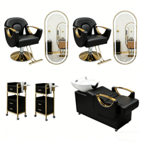 Vente directe usine : Ensemble de mobilier de salon de coiffure moderne de luxe noir et or - Fauteuil de coiffage, miroir LED, bac à shampoing et chariot