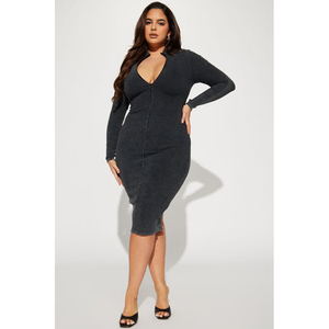 Venta caliente <span class=keywords><strong>de</strong></span> tamaño personalizado lavado Midi cuello en V manga larga cremallera frontal mujeres <span class=keywords><strong>cortavientos</strong></span> vestido casual - Product Image 5