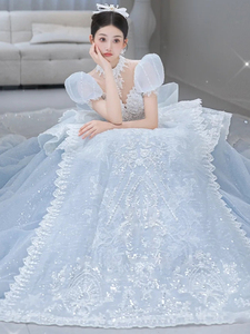 AL1353 2025 Gaun Pengantin Mewah Biru untuk Pengantin Baru Gaya Putri Prancis dengan Tekstur Berkualitas Tinggi, Gaun Bola Kristal, Dekorasi Ruffle - Product Image 2