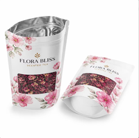 Sachet d'emballage de thé parfumé imprimé sur mesure, pochette verticale FLORA BLISS en Mylar avec fenêtre et fermeture éclair pour thé aux herbes et aux fruits