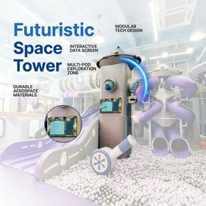 Aire de jeux intérieure géante sur le thème de l'espace futuriste, tour fusée science-fiction, toboggan multi-voies violet et piscine à balles interactive - Product Image 4