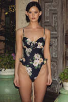 Maillot de bain une pièce à imprimé floral pour femme, avec torsion devant, ourlet à volants, coupe haute et décoration florale 3D