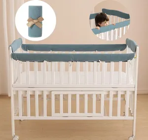 4PCS有机棉平纹细布婴儿床保险杠盖保护器套装，用于标准婴儿床长轨可逆出牙婴儿床导轨盖