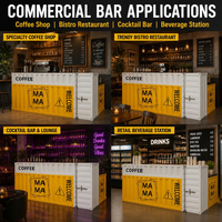 Comptoir de service de style conteneur avec combinaison d'armoires de rangement et étagères de présentation pour café, restaurant et espace commercial