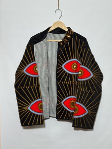 Veste courte noire brodée pour femmes |   Veste à motif géométrique œil-de-tigre brodée |   Veste courte ethnique bohème à col montant - Product Image 3