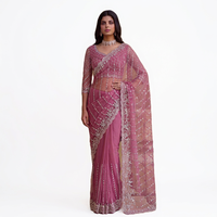 Sari rose de créateur en tulle, entièrement brodé avec des sequins et des perles, idéal pour les mariages et les soirées, longueur ras du sol, style Bollywood pour femme