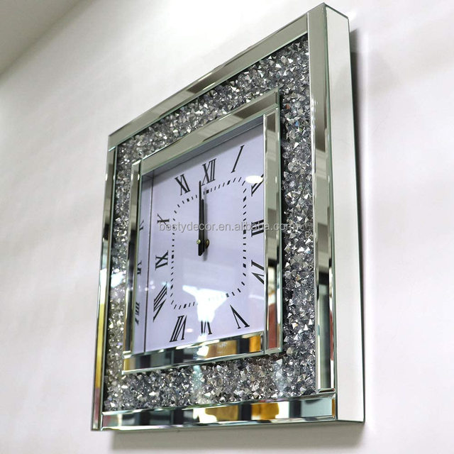 OEM Customized Luxury Wall Decoration Clock Square Wall Decor Glass Clock Living Room Diamond Sparkable Clock Wall Decoration