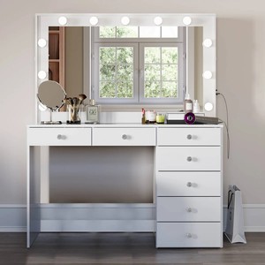 <span class=keywords><strong>Tocador</strong></span> de Maquillaje Blanco Brillante de 120 cm para Niñas, Mesa de Maquillaje con Silla para Vestidor con Superficie de Vidrio - Product Image 6