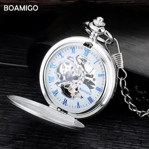 Boamigo Brand New Pocket Horloges Mode Mechanische Hand Wind Skeleton Horloges Zilveren Gift Klok Alloy Case Met Ketting