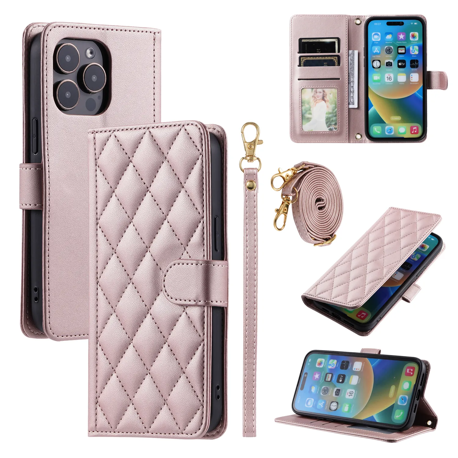 Lüks koyun cüzdan deri cep telefonu çanta IPhone 15 14 13 Pro Max kayış elmas telefon standı kapak