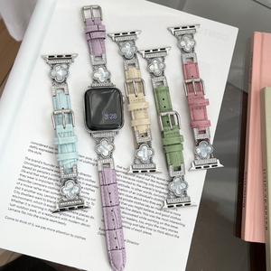 Correa de Reloj de Pulsera Delgada de Cuero y Metal con Diamantes y Tréboles <span class=keywords><strong>para</strong></span> <span class=keywords><strong>Mujer</strong></span>, Compatible con <span class=keywords><strong>Apple</strong></span> <span class=keywords><strong>Watch</strong></span> 8 9 10 11 SE 2 - Product Image 5