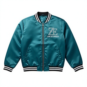 Zaini Enterprises Premium 120 GSM Polyester Satin Bomber <b>Jacket</b> Teal Blue Black <b>White</b> Ribbed Trim Custom Rhinestone Logo - Product Image 1