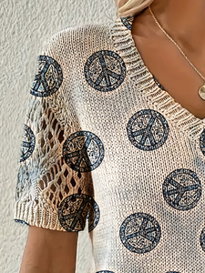 Top in maglia beige con stampa Peace Sign da <span class=keywords><strong>donna</strong></span>, maglione estivo casual con scollo a V e maniche corte - Product Image 5