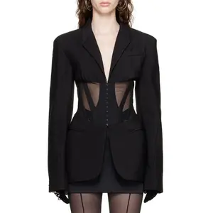 Yeni dropshipping yüksek kalite sıcak moda siyah kılçık örgü patchwork siyah ceket ve blazer kadınlar için