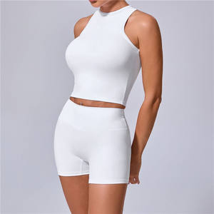 <span class=keywords><strong>P911</strong></span> Ropa de gimnasio de cintura alta para mujer con logotipo personalizado Pantalones cortos de fitness Traje Sujetador deportivo de patrón sólido y pantalones cortos deportivos de cintura elástica - Product Image 6