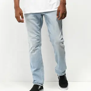 Wholesaled Blue Color Fade Trousers Denim Daily Wear Logo Custom Skinny Jeans Straight Jeans Men's Pants Trouser