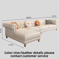 Canapé en cuir véritable de style français, trois places, en forme de L, couleur crème, pieds en bois massif, détails zippés, luxe léger, salon