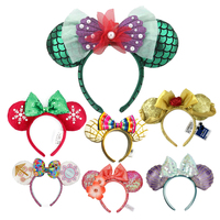 Bandeau oreilles de souris en cuir Minnie, avec nœud à sequins, accessoire de cheveux pour fêtes, pour parcs d'attractions de Shanghai