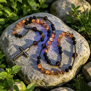 Collier Chapelet Chrétien en Obsidienne Naturelle et Yooperlite, Réactif aux UV, avec Pendentif Croix en Pierre d'Hématite, Bijoux pour Hommes - Product Image 2