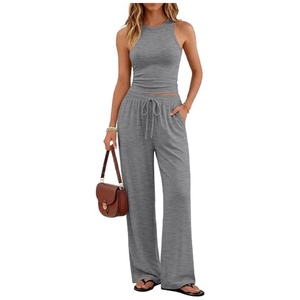 Ensemble de détente 2 pièces pour <span class=keywords><strong>femme</strong></span>, été, respirant, doux, débardeur et <span class=keywords><strong>pantalon</strong></span> large taille haute avec poches, pour l'extérieur - Product Image 6