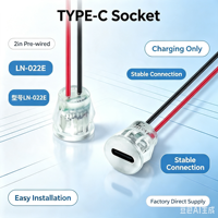 LN-022E Prise d'alimentation CC femelle transparente de type C avec câble de 15 cm à fils nus rouges et noirs 24AWG pour petits appareils électroniques