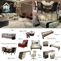 Ensemble de meubles de villa de style italien haut de gamme : canapé de luxe, lit de chambre, table à manger en marbre, bureau pour solutions de projets de villas.