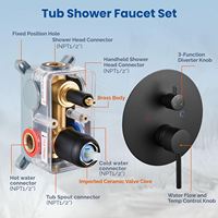Ensemble de robinetterie de douche encastrée noire à 3 fonctions avec pommeau de douche pluie rond, douchette à main, bec de baignoire pliable et mitigeur mural