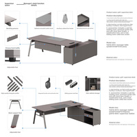 Bureau de direction en bois OSM01B-T04R, bureau de personnel en L avec armoire latérale, tiroirs verrouillables, pieds métalliques, boîte à câbles, mobilier