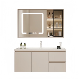 Ensemble de meubles de salle de bain modernes en bois massif couleur crème, résistant à l'eau, avec vasque en céramique intégrée, miroir, pour hôpital et appartement - Product Image 1