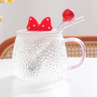 Mug en verre résistant à la chaleur style Ins avec nœud papillon, couvercle et cuillère, design moderne et simple, texture martelée, pour café de bureau